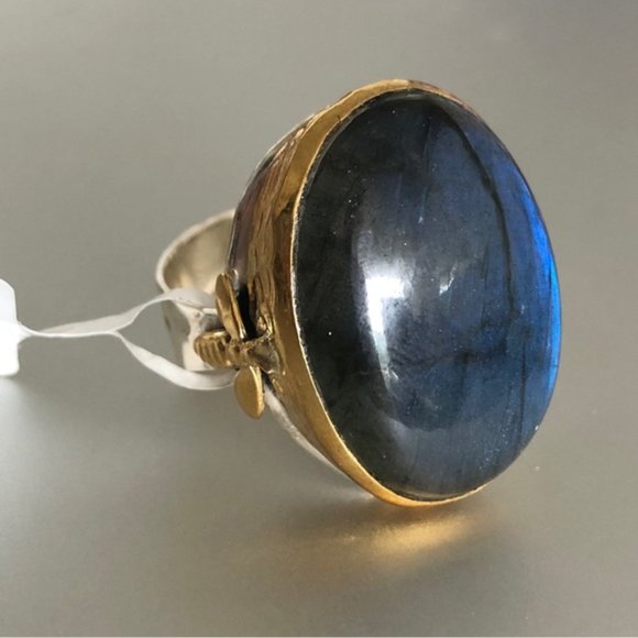 YS INDIA Oval Labradorite Bee Light Blue Ring sterling silver 925 & Brass sz.9 - Picture 3 of 16